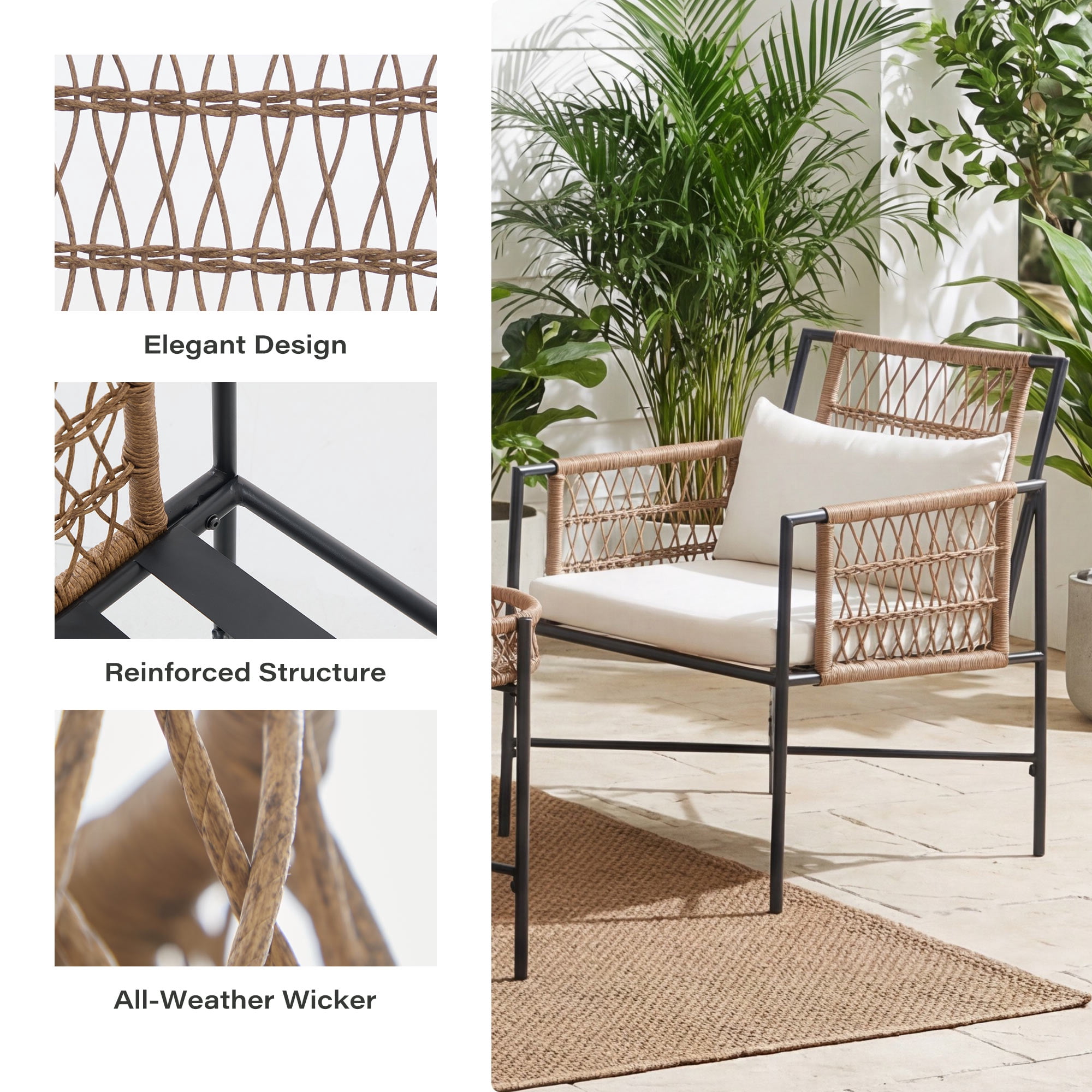 KAMEROUT 5 Pieces Outdoor Furniture Set, Patio Wicker Conversation Set with Beige Cushions for Porch, Balcony, Garden