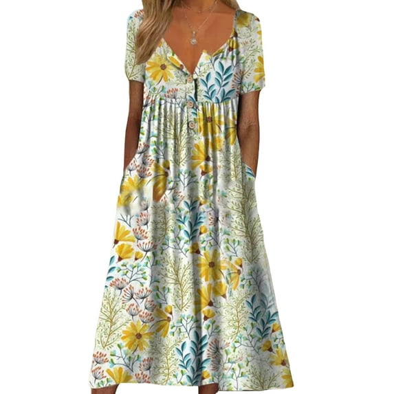 FASHIONWT Women Plus Size Printed V-Neck Button Short Sleeve Dress Pocket Midi Long Dress