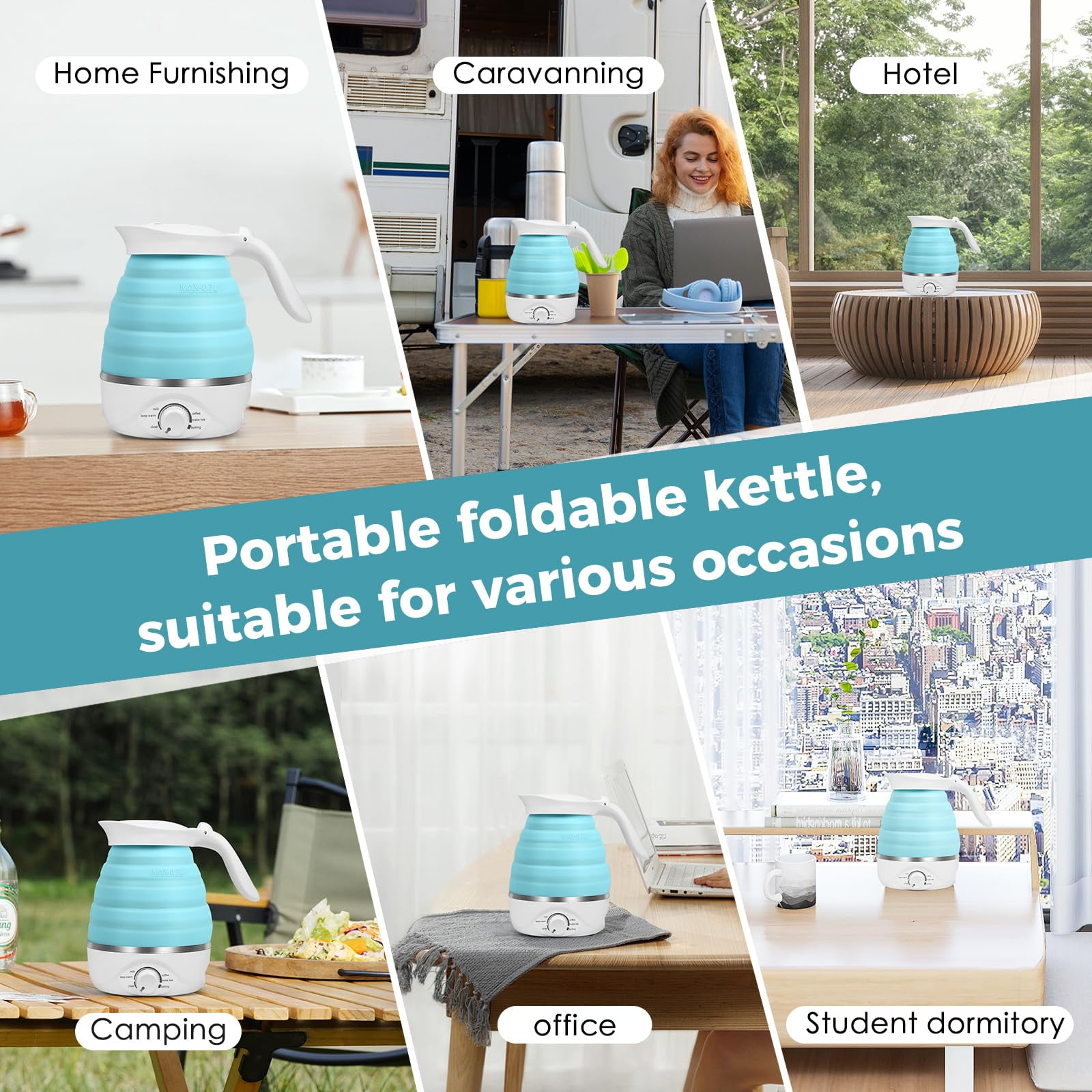 Travel Foldable Electric Kettle Portable Silicone Foldable Electric Kettles Collapsible Heating Water Boiler Silicone Kettle For Coffee Tea Fast Water Boiling Blue