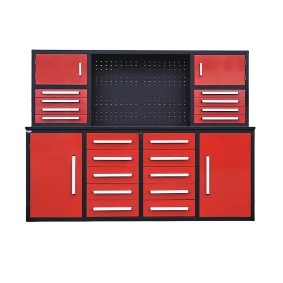 7 ft Heavy Duty Workbench Garage Workbench Cabinet,18 Drawers ,4 Cabinets , Pegboard),Red