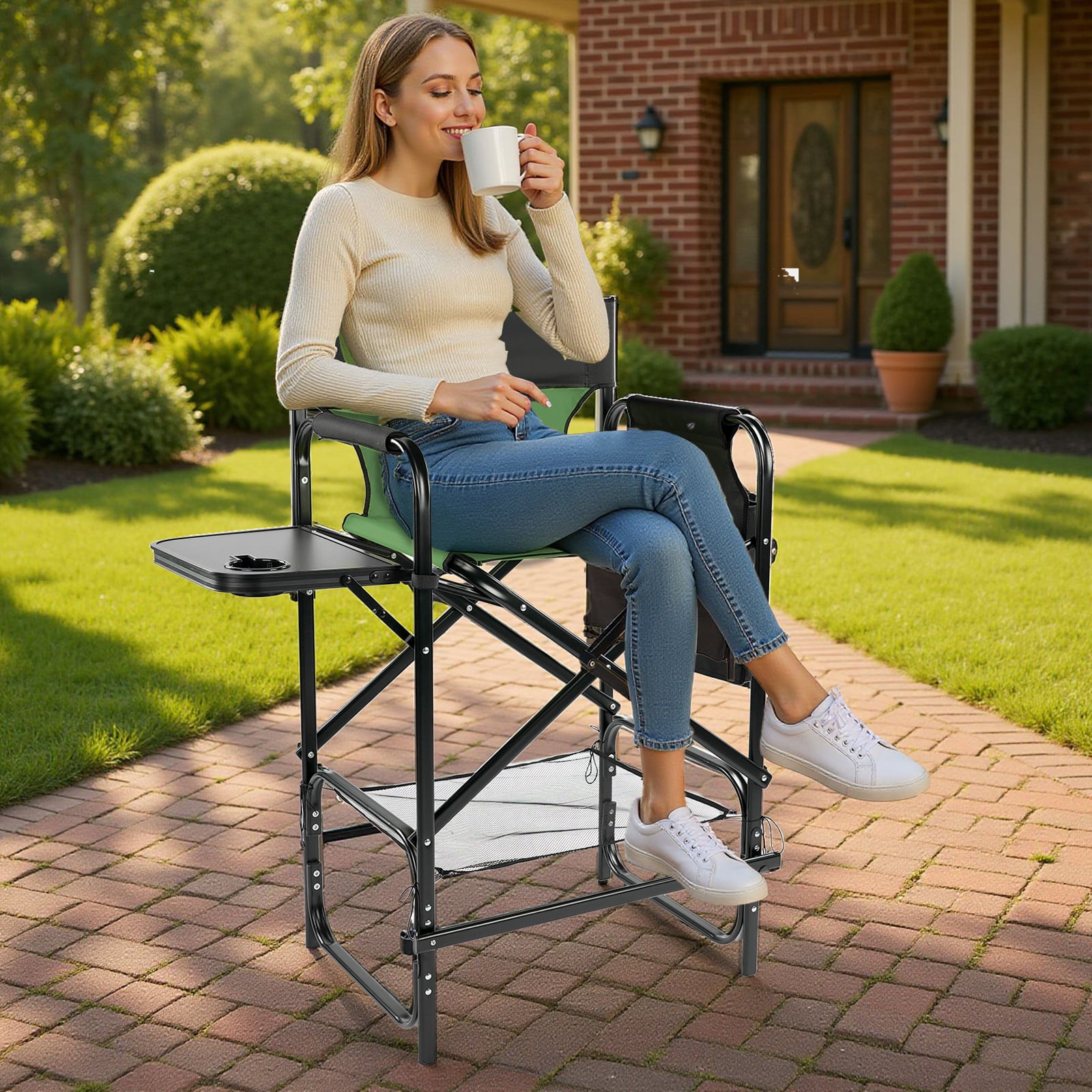31" Tall Directors Chair with Footrest, 4Portable Bar Height Folding Camping Chair with Built-in Cup Holder, Side Table, Storage Pocket, Olive