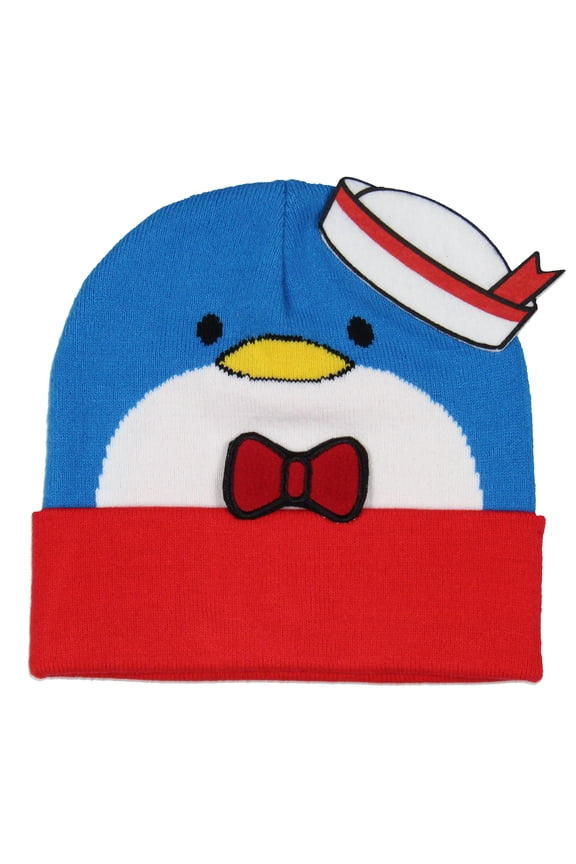 Sanrio Tuxedo Sam Beanie Sam Face Design with Felt 3D Bowtie and Hat Adult Novelty Cuffed Beanie