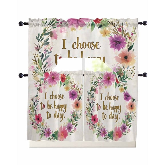 Leaves Floral Wreath Kitchen Curtains Swag Valance and Tier Curtains Set 36 Inch Length, Happy Spring Botanical Rod Pocket Drape Panels Pair Swag Curtain for Bathroom/Cafe/Window