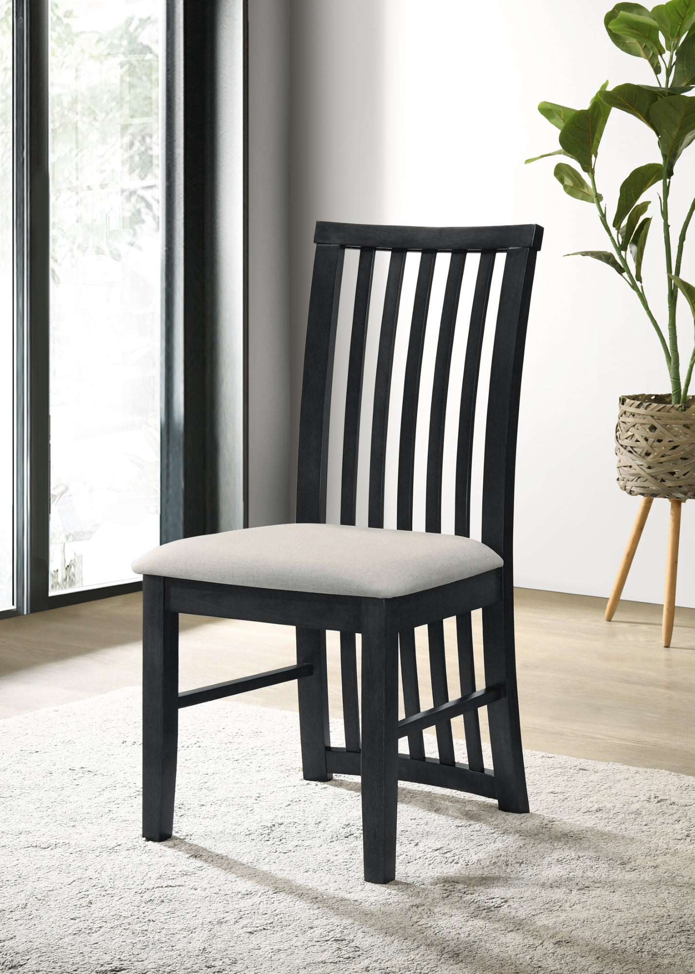 Home Design Osaka Dining Chair Set of 6, Warm Gray/Black, Slatted Back, Padded Seat, Solid Wood Frame, Modern Style