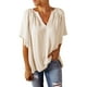 thumbnail image 1 of Blusa holgada con cuello en V y manga corta acampanada, color puro, plisada, para mujer, verano, beige, S, 1 of 6