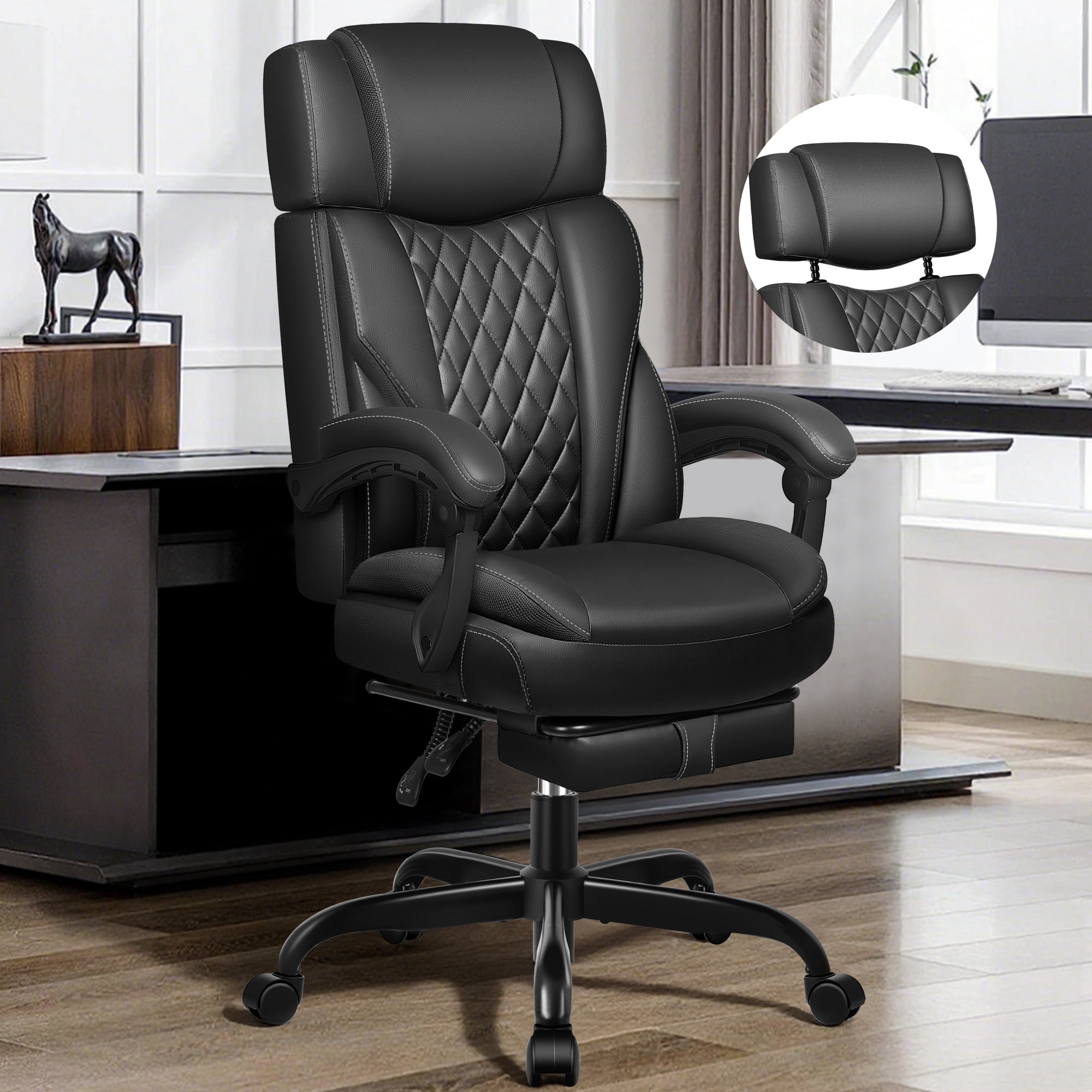 FASTES Big and Tall Ergonomic Office Chair with Footrest - Leather Computer Desk Chair, Reclining High Back Ergonomic Chair with Adjustable Headrest & Lumbar Support, Black