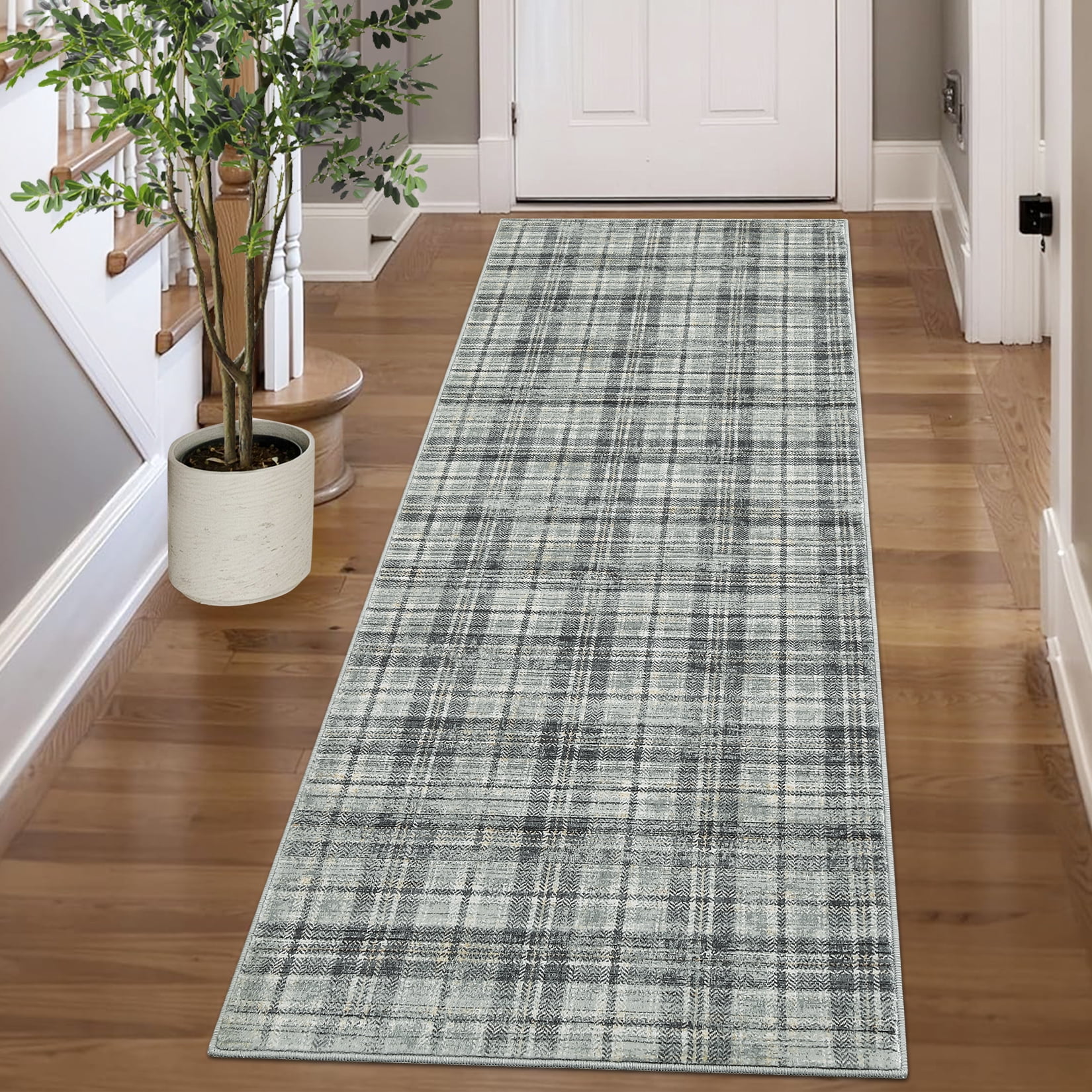 Garvee Washable Rug 2x10 Modern Plaid Runner Rug, Non Slip Stain Resistant Rug Geometric Carpet for Hallway Bedroom Kitchen, Green