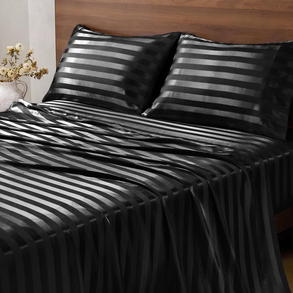 Satin Sheets, Luxury Jacquard Striped Black Bedsheets Set with Elastic Corner Straps, Similar to Silk Sheets Set with Fitted Sheet, Flat Sheet, & Pillowcases