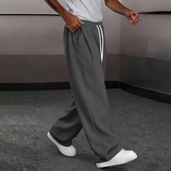 Mens Casual Pants Fashion Loose Fit Wide Leg Pants Straight Sweatpants Elastic Waist Drawstring Dark Gray XXL