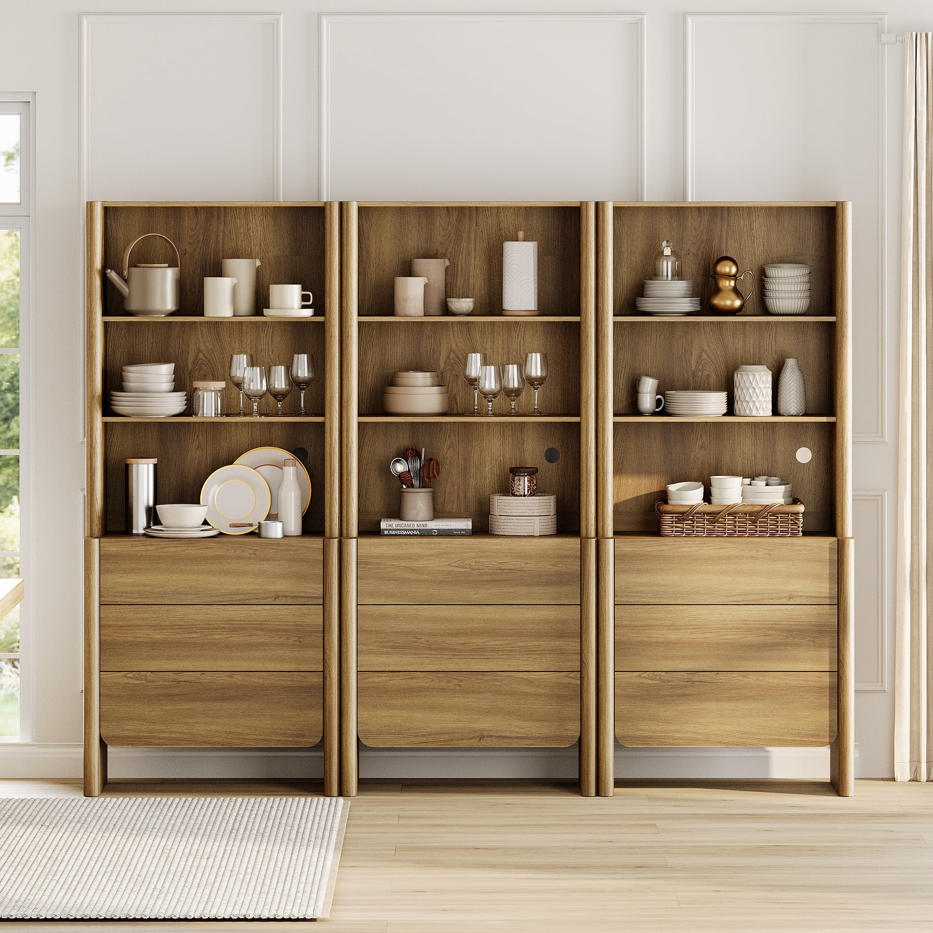 94.5-Inch Modern French Bookcase with Curved Edges, 9 Drawers and Open Shelving, 72.8" Tall, Walnut