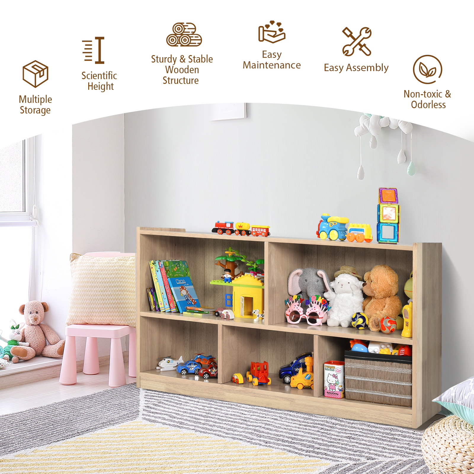 Costway 2-Tier Kids Bookcase with Spacious Top & Raised Base Toy Organizer with 5 Compartments Light Natural