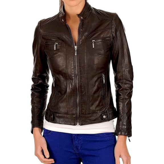 Celebrity Women's Lambskin Leather Jacket Motorcycle Slim Fit Biker W075