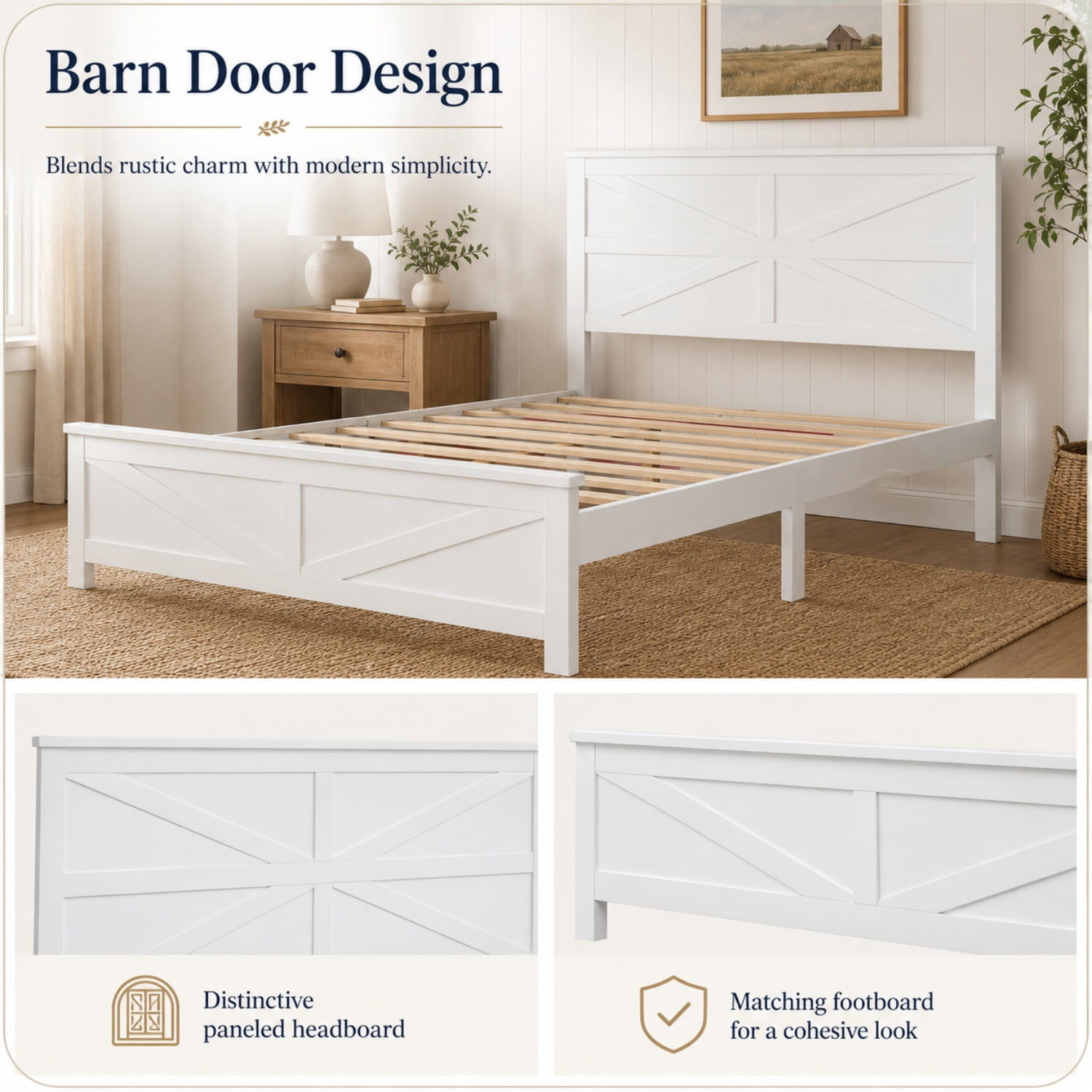 Miniyam Queen Bed with Barn Door Headboard and Footboard, Farmhouse Wood Platform Bed Frame, White