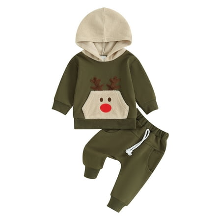 

Wallarenear 2Pcs Baby Christmas Deer Print Pocket Hoodies Pullover Tops Elastic Waist Pants
