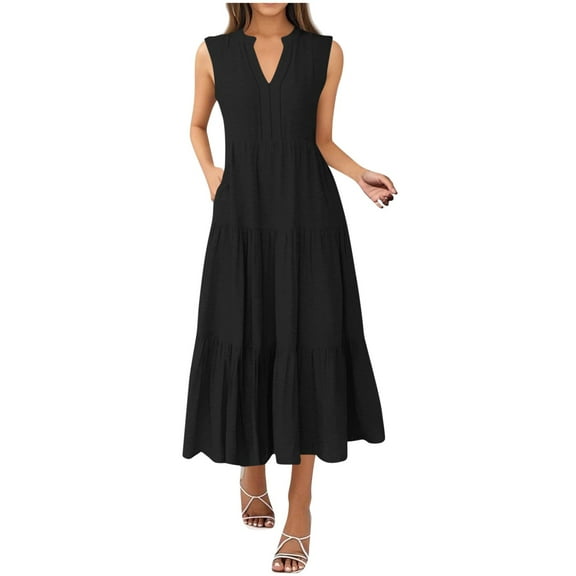 RYRJJ Summer Maxi Dresses for Women Casual Boho Sundresses Sleeveless V-Neck Pleated Beach Vacation Tank Dress with Pockets(Black,M)