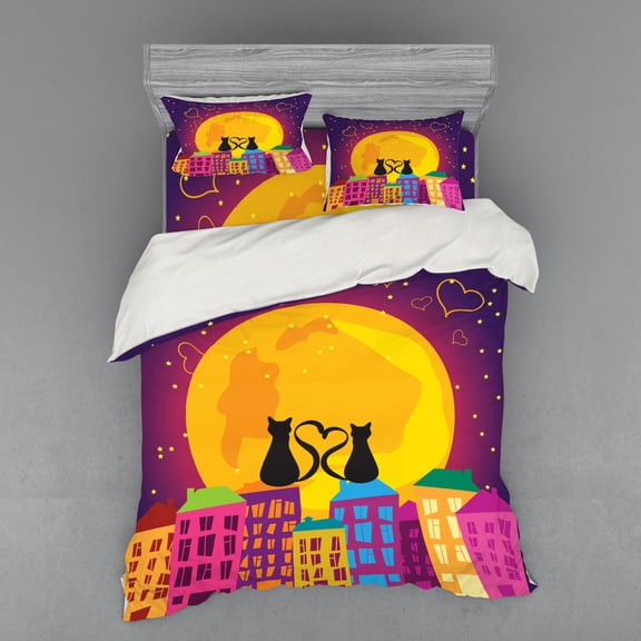 Ambesonne Cat Bedding Set 4 Pcs, Cats on the Roof Heart, Queen, Purple Orange