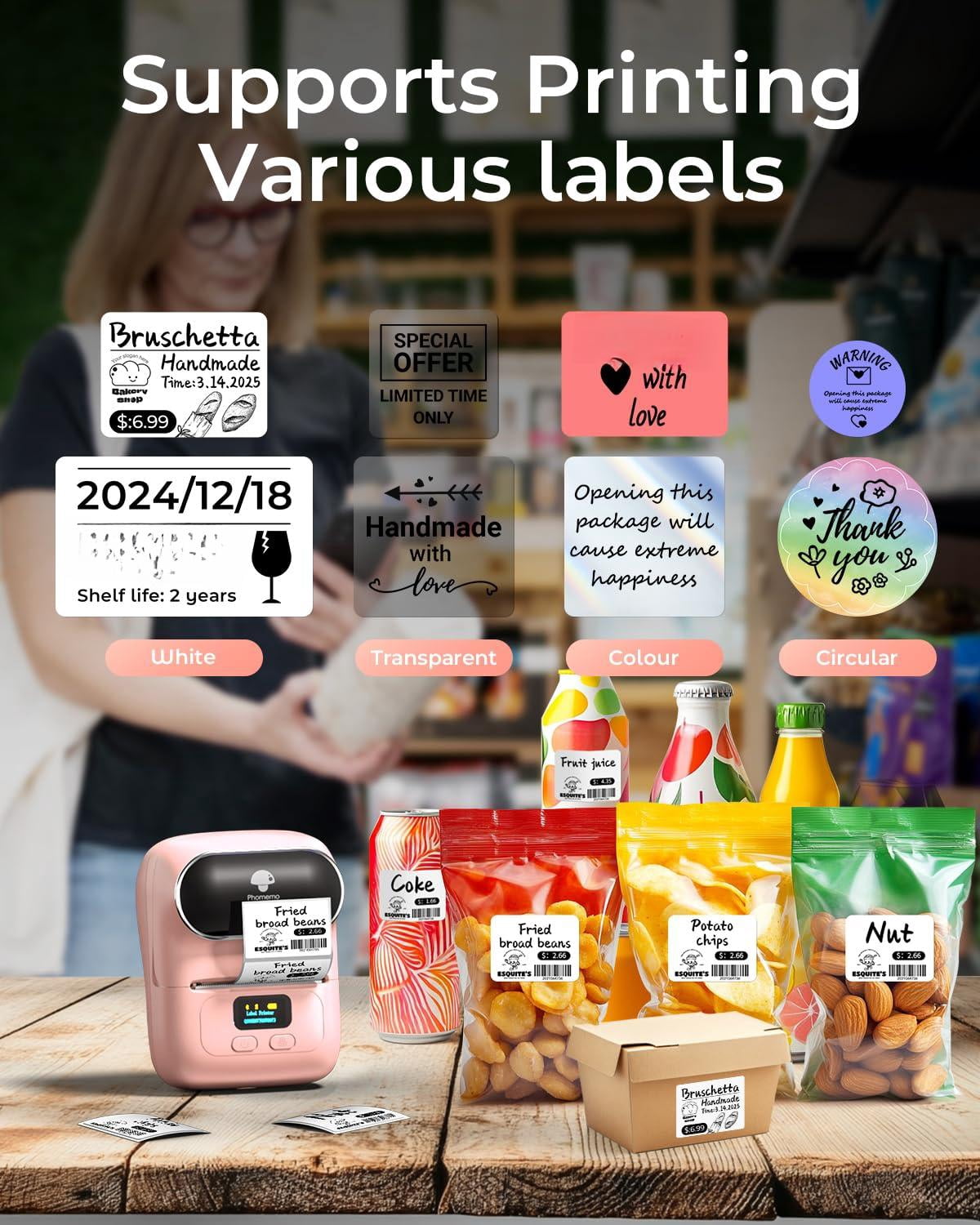 M110 Label Maker Machine- With 3 For Business Labeling  Barcode Office Cable Retail Fonts Choose Icons Templates Pink