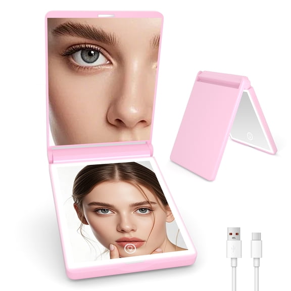 Rechargeable LED Travel Makeup Mirror – 1x/3x Magnifying, Dimmable, Folding, Handheld – Gift for Girls,Pink