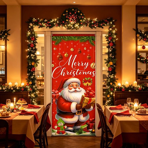 Christmas Door Tapestry, Xmas Front Door Hanging Decor, 35x71 Inch Holiday Party Cloth Door Curtain, Indoor Home Bedroom Wall Tapestry