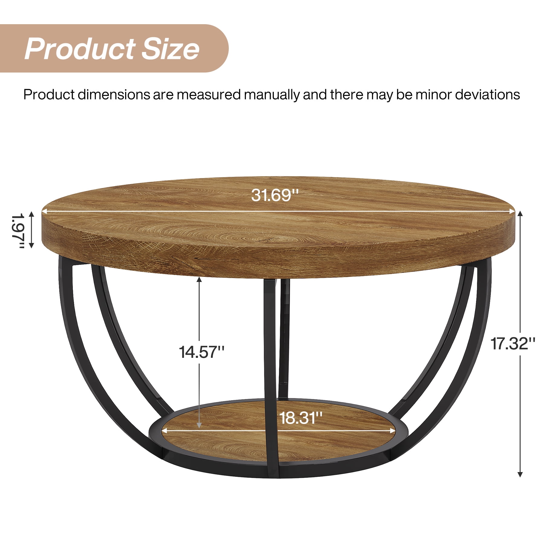 Fnova Coffee Table with 2 - Tier Storage, 32" Round Wood Coffee Table with Metal Legs, Modern Rustic Style Center Table for Living Room, Light Brown and Black