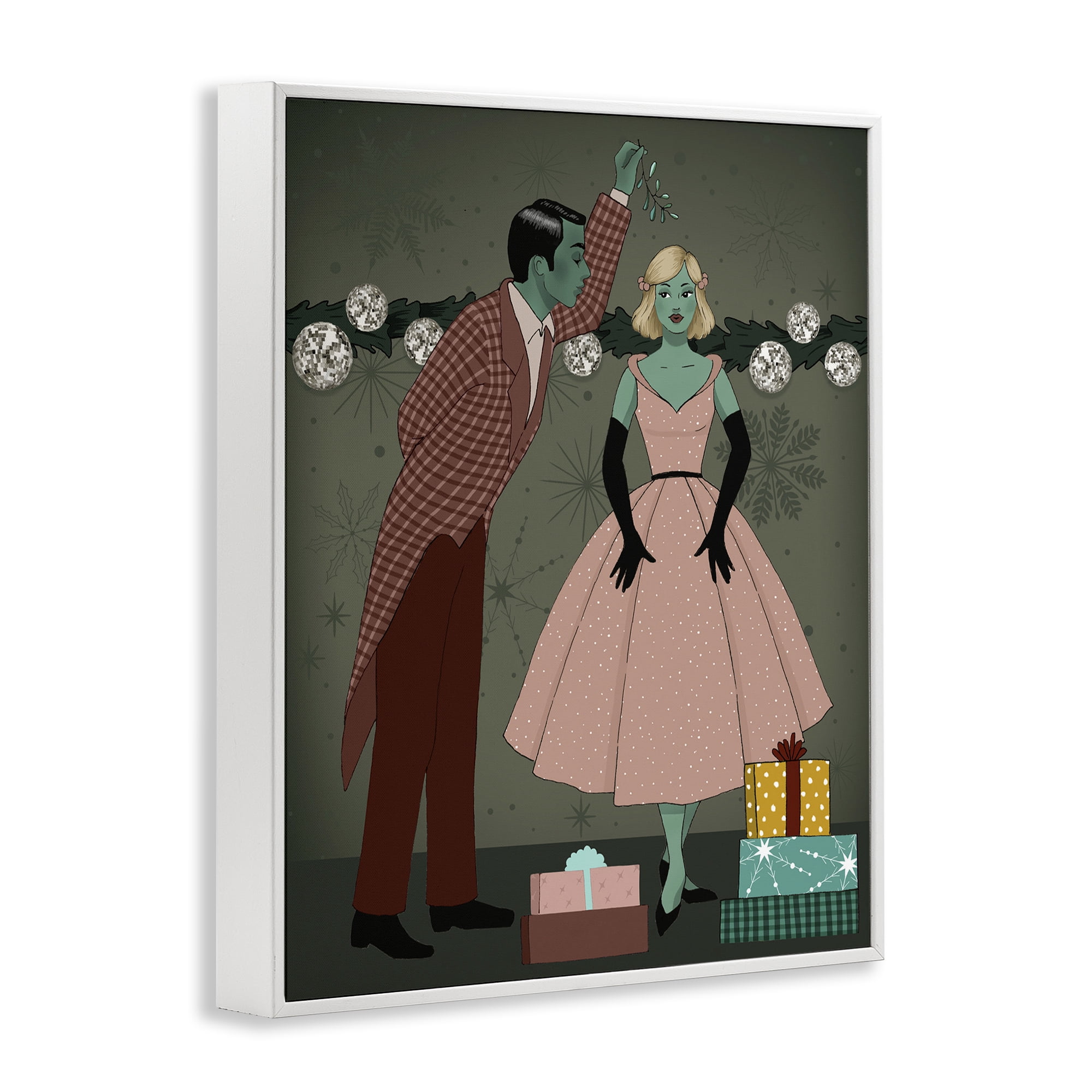 Stupell Industries Romantic Christmas Kiss Holiday Painting White Framed Art Print Wall Art, 16 x 20