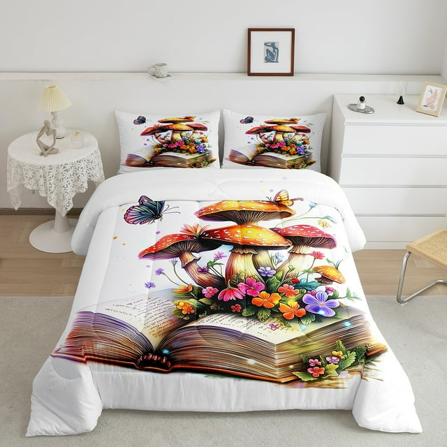 Erosebridal Ensembles de Couettes Champignons de Rêve, Couettes et Duvets Livre Vintage, Insert de Couette Réversible Fleur Dessin Animé, Décor de Chambre Ultra Doux, 2 Pcs