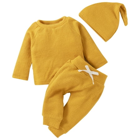 

Lovskoo 3M-2T Baby Clothes Ribbed Outfits Kids Toddler Girls Boys Solid Soft Long Sleeve Cardigan Pants Set Winter Fall Warm 2Pcs Set Yellow