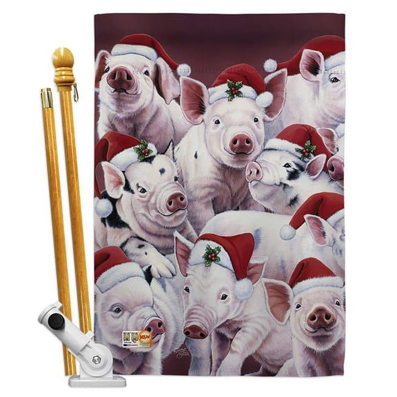 Breeze Decor BD-XM-HS-114122-IP-BO-D-US16-AL 28 x 40 in. Christmas Piggies Winter Impressions Decorative Vertical Double Sided House Flag Set & Pole Bracket Hardware