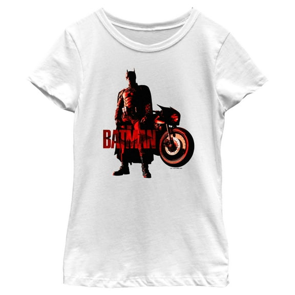 Girl's The Batman Red Batcycle  Graphic Tee White Medium