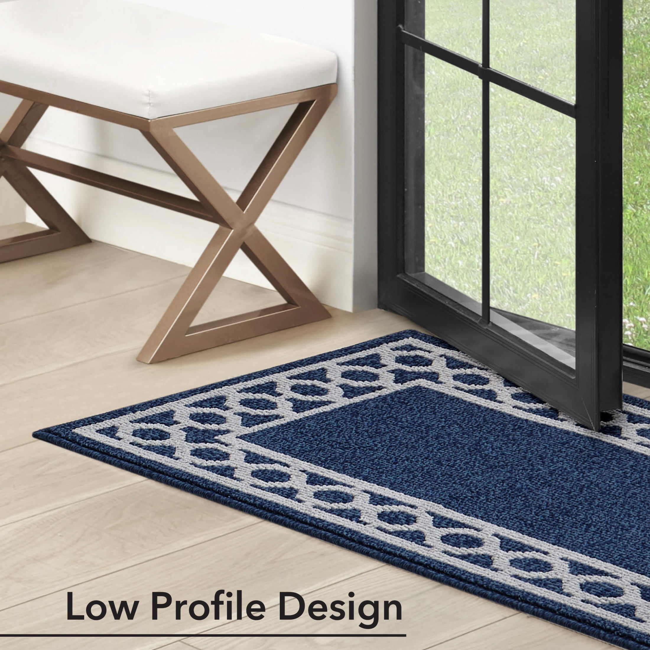 Washable Skid-Resistant Runner Rug, Trellis Border , Denim Twist and Light Grey , 26" x 72"