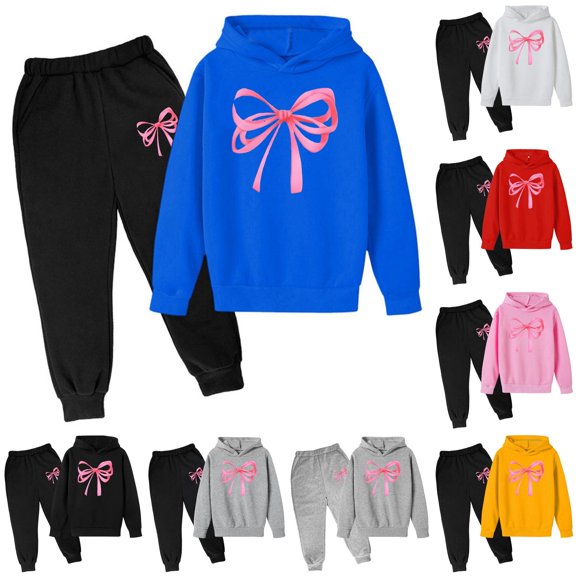 RMGVDSD Girls Sweatsuit 2 Piece Casual Outfits Bow Printed Hoodie Sweatshirts and Sweatpants with Pockets Fall Winter Fashion Jogger Sets 3-4 Years