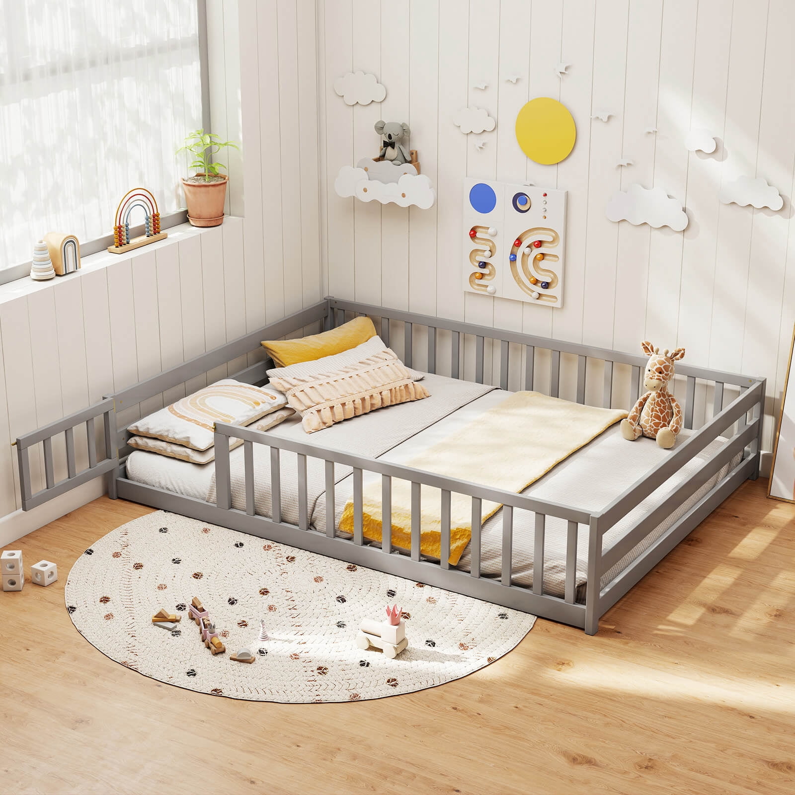 Costway Full Size Floor Bed with Full Length Safety Guardrails & Door for Boys, Girls Gray