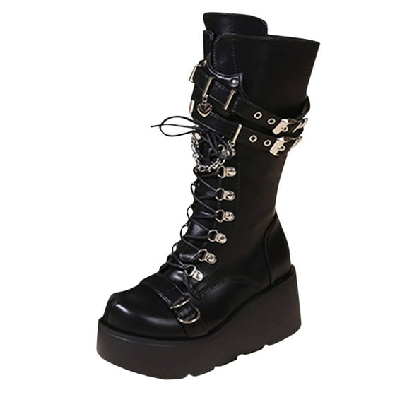 Black Ladies Long Boots With Leather Buckle And Wedge Heel Edgy Punk Style Ideal For Cool Weather Wear