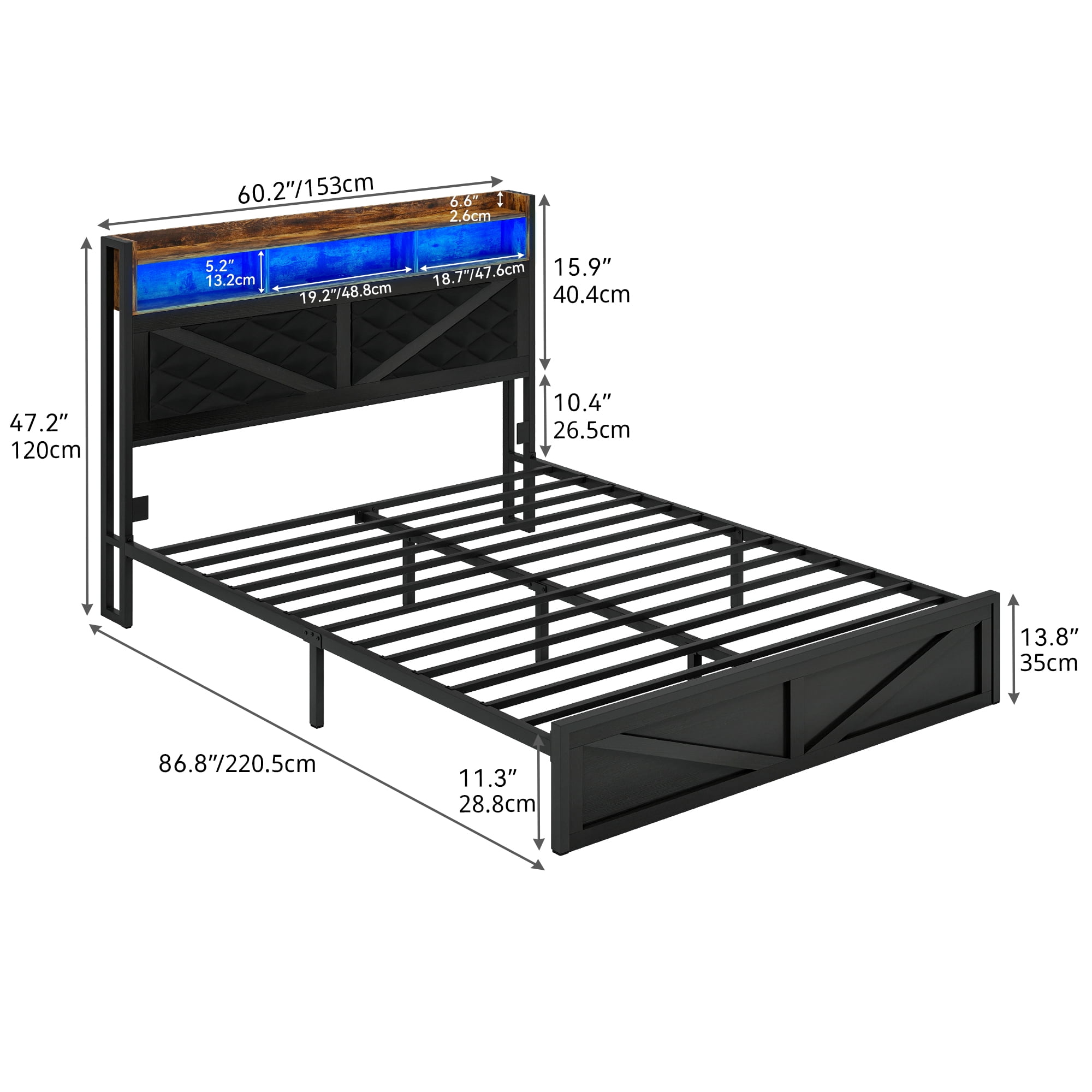 Dextrus Queen Size Distressed Wood Bed Frame with LED Headboard, USB Ports & Dual Storage, Black