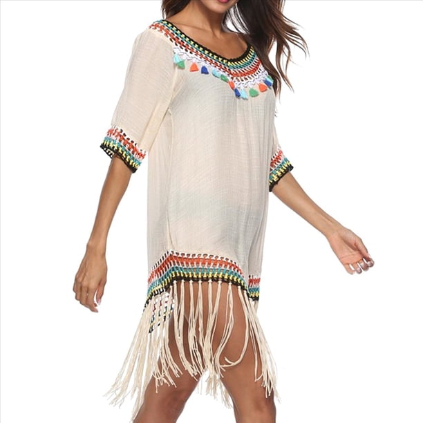 Vestido para Mujer - Cuello en V, Crochet, Mezcla de Algodón, para Playa y Verano. Albaricoque Talla Única