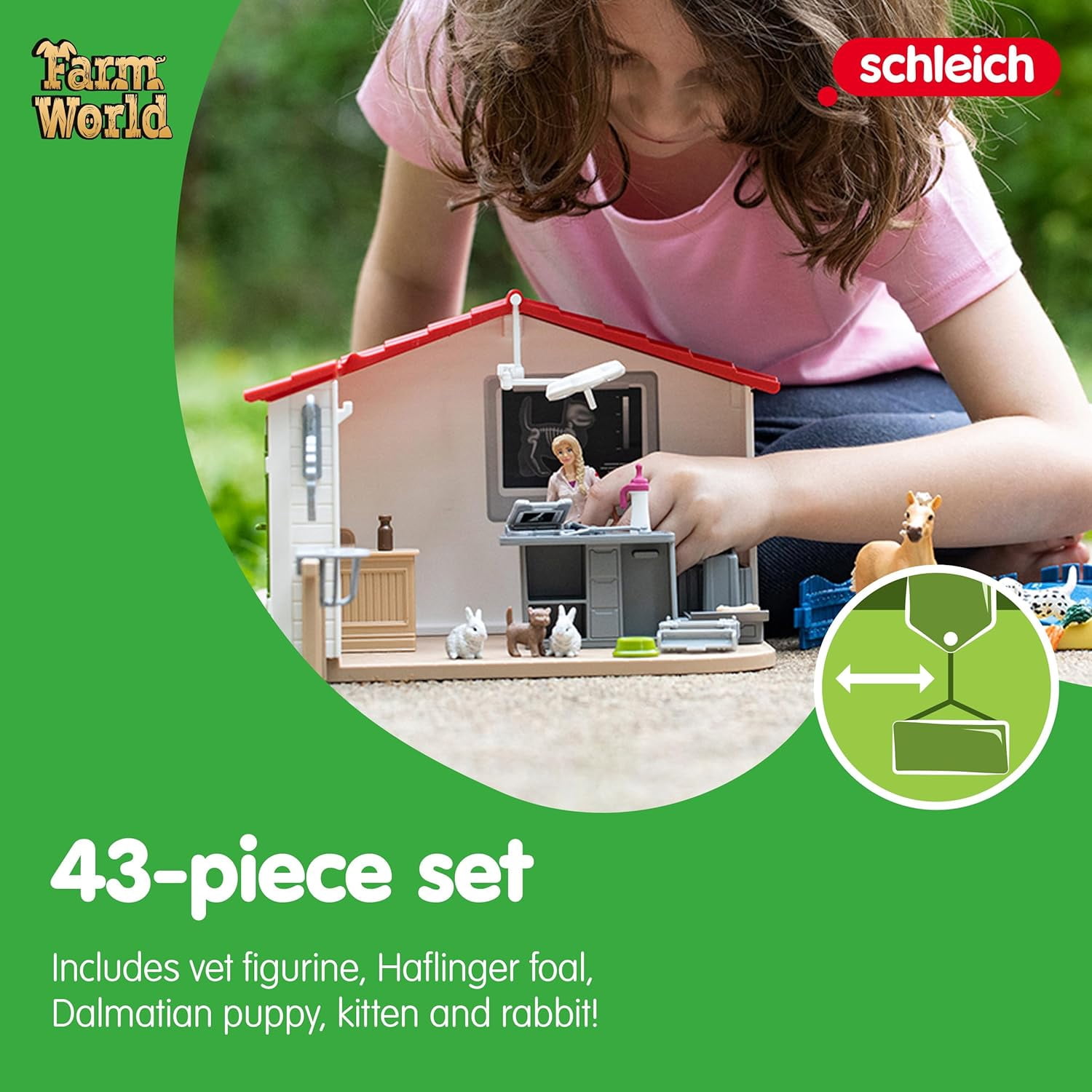 schleich Farm World - 43 PC Veterinarian Playset with Vet Figure, Horse, Dog, Cat and Accessories - Animal Care Toy Set for Kids Ages 3+