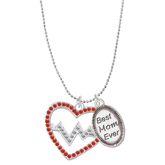 Delight Jewelry Silvertone Large Red Crystal Heart with Clear Heartbeat Best Mom Ever Charm Necklace