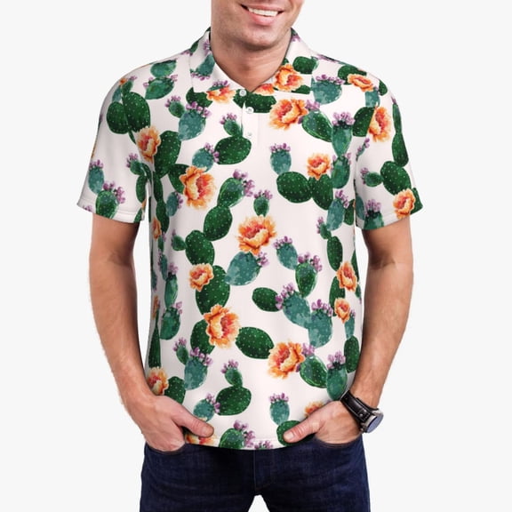 Picia Cactuses Print Men's Polo Shirt, Two-Button Closure Pique Polo Shirt, Summer Fashion Golf Shirt-Small