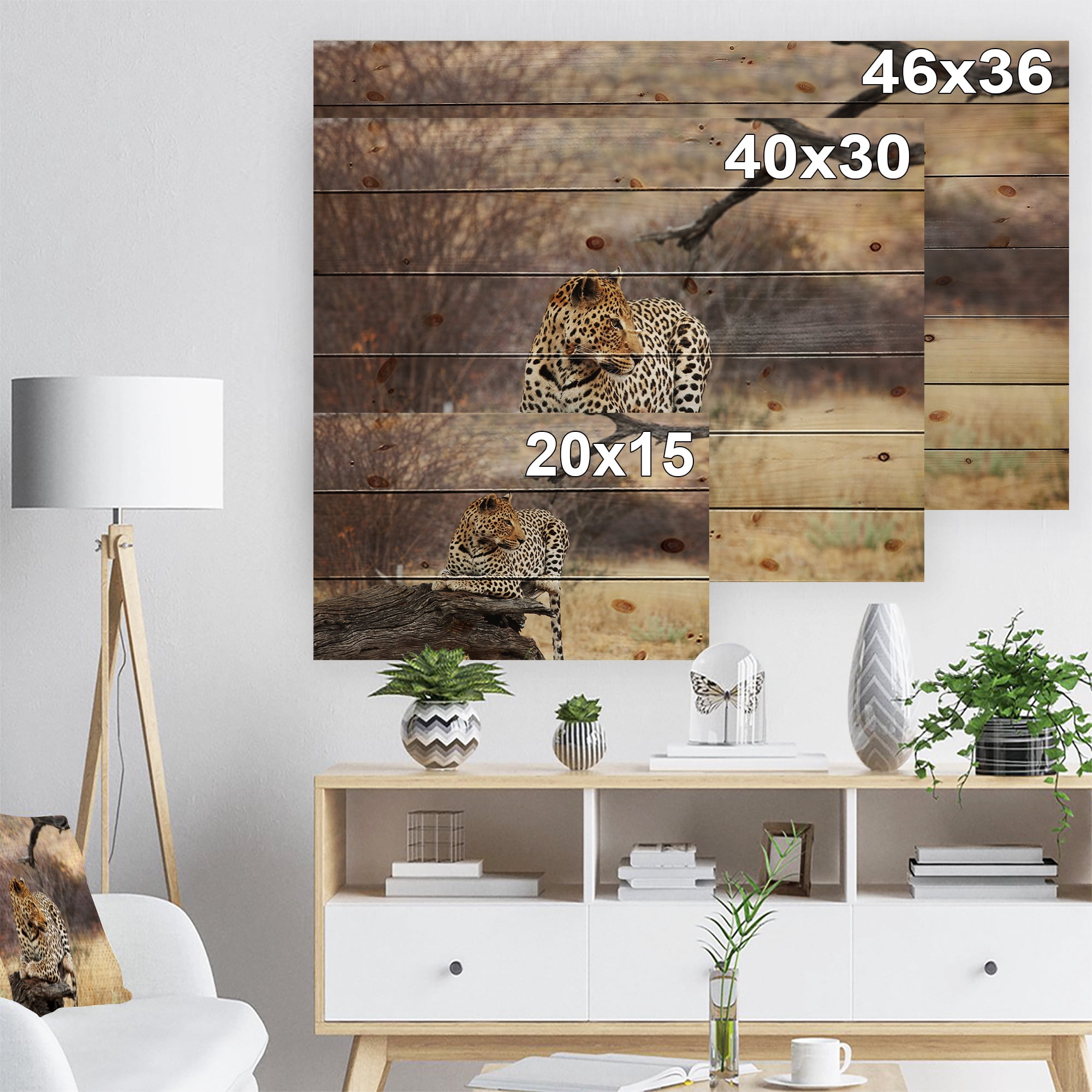 Designart 'Leopard Sitting on Tree Trunk' African Print on Natural Pine Wood