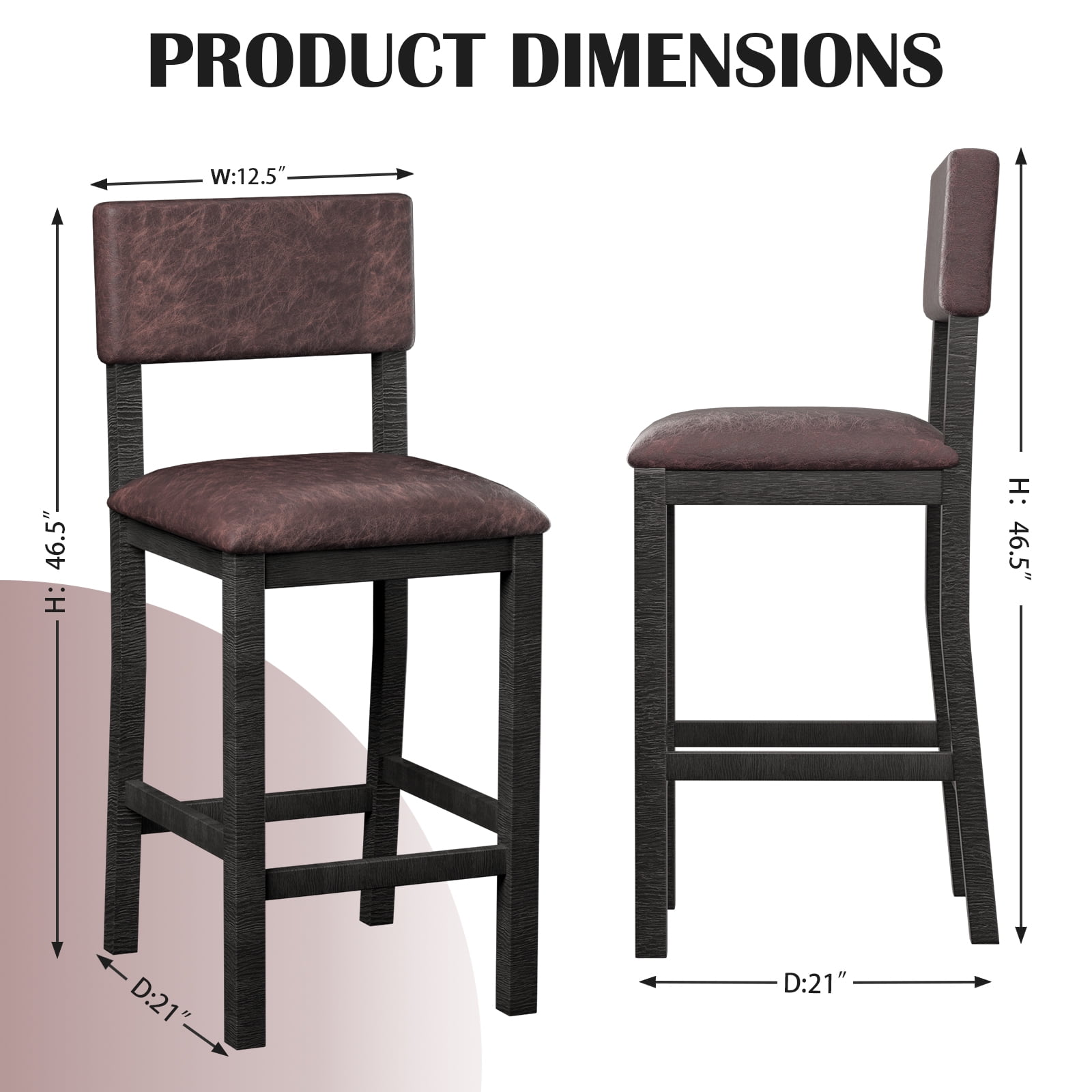 Nathaniel Home, 24" Bar Stools Leather Upholstered Chairs Set of 2, Counter Height Stools with Back, Dining Barstools with Footrest, Rustic Dark Brown