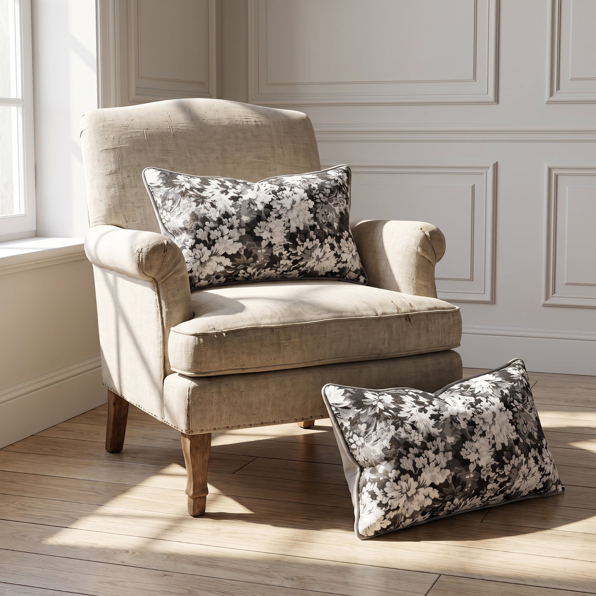 Unique Bargains Floral Throw Pillow Cover with Piped Edge Decor Cushion Case Grey 20"x12"