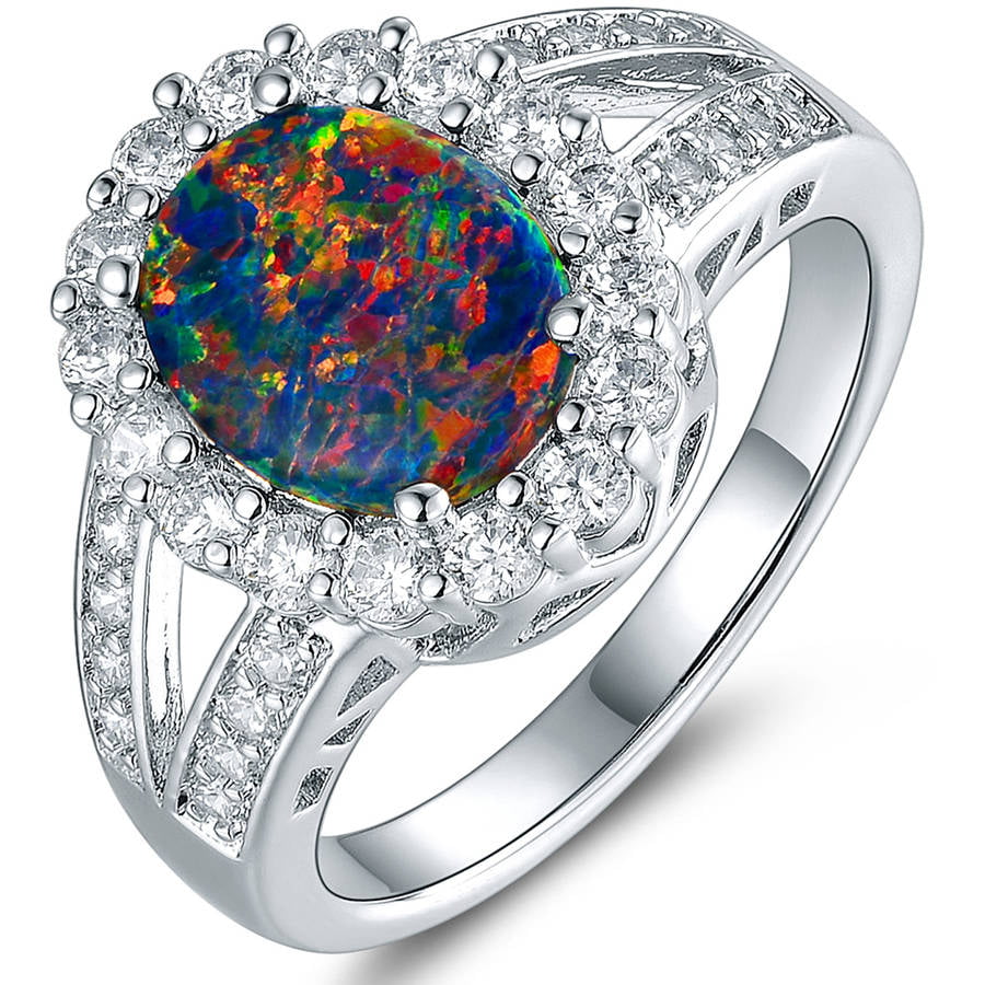 Black Opal and CZ 18kt White Gold-Plated Flower Ring - Walmart.com