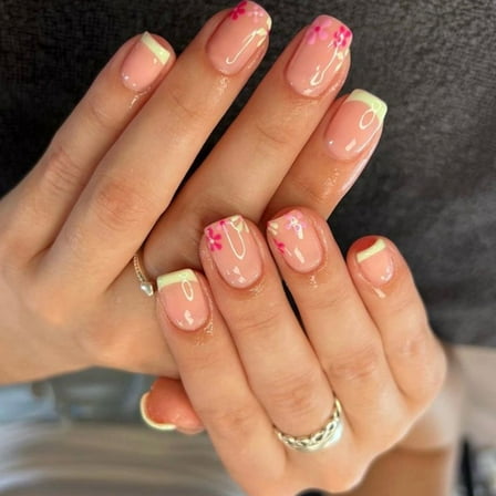 KUFptva 24Pcs Press on Nails French Tip Square Nails Tips Designs Fake Nails Artificial Acrylic Nails Full Covers False Nails