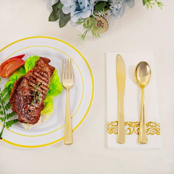 20-Piece Heavy Duty Gold Plastic Cutlery Set, Includes 20 Forks, 20 Spoons, 20 Knives, Disposable Gold Utensils Ideal for Weddings, Parties, Birthdays, Catering & All Occasions