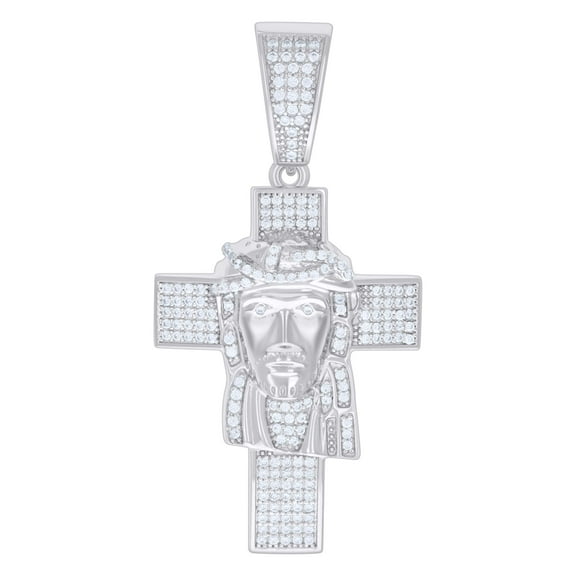 925 Sterling Silver Round Cut Moissanite Men's Cross & Jesus Face Pendant Domed Charm | 1.06 Ct.