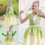 Jurebecia Princess Dress for Girls Fairy Frog Costume for Kids Birthday Party Dresses up Halloween Outfits Green 140 cm 7-8 Years
