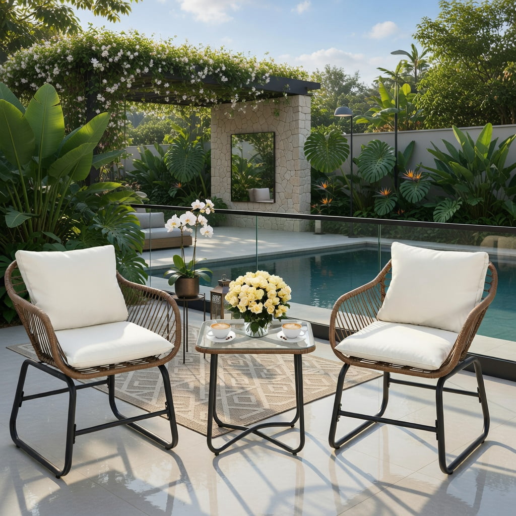 Hommoo 3-Piece Outdoor Rattan Bistro Set with Cushions, Weather-Resistant PE Wicker Armchairs + Tempered Glass Table for Patio, Balcony, Poolside, White