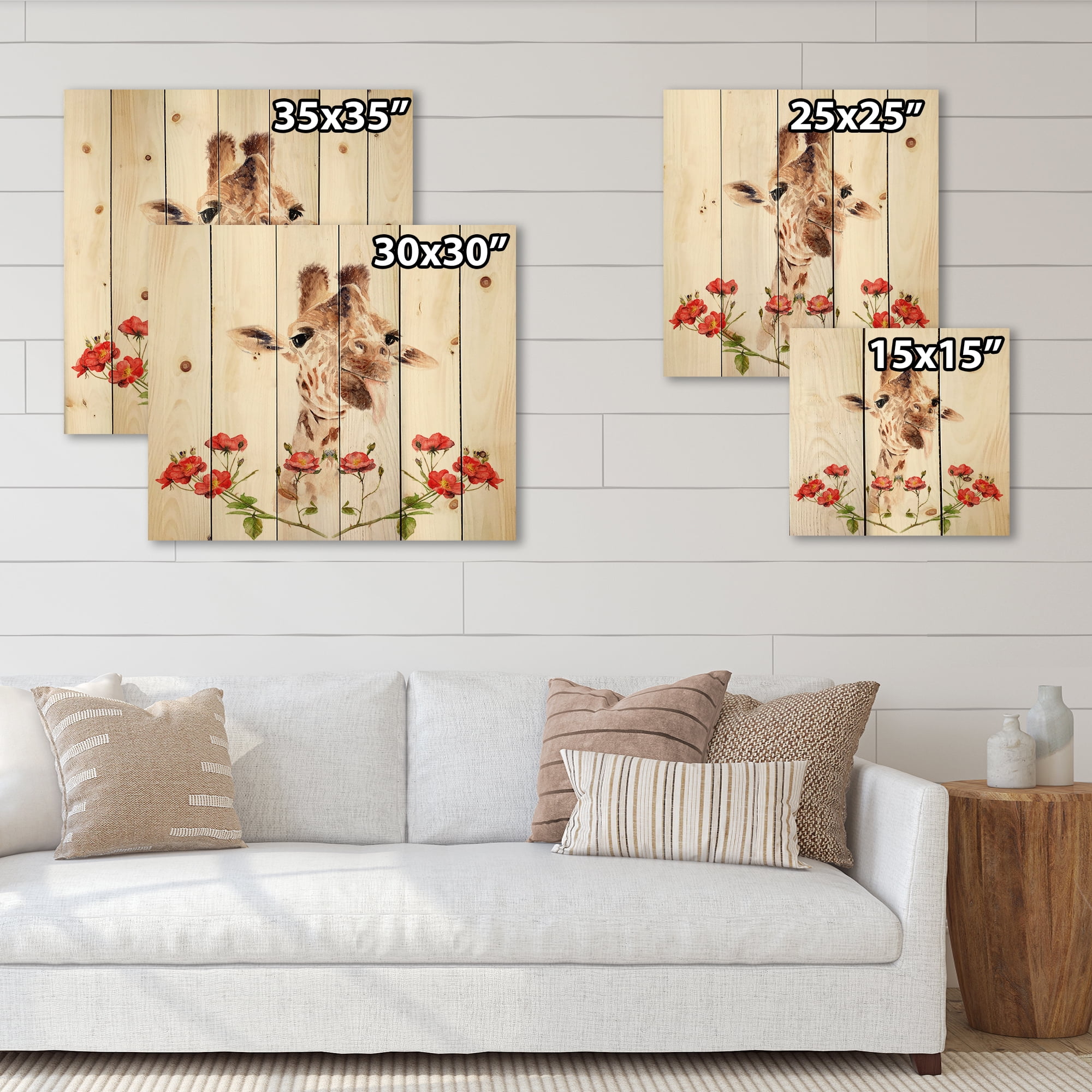 Designart 'Portrait of A Giraffe With Red Flowers I' Farmhouse Print on Natural Pine Wood