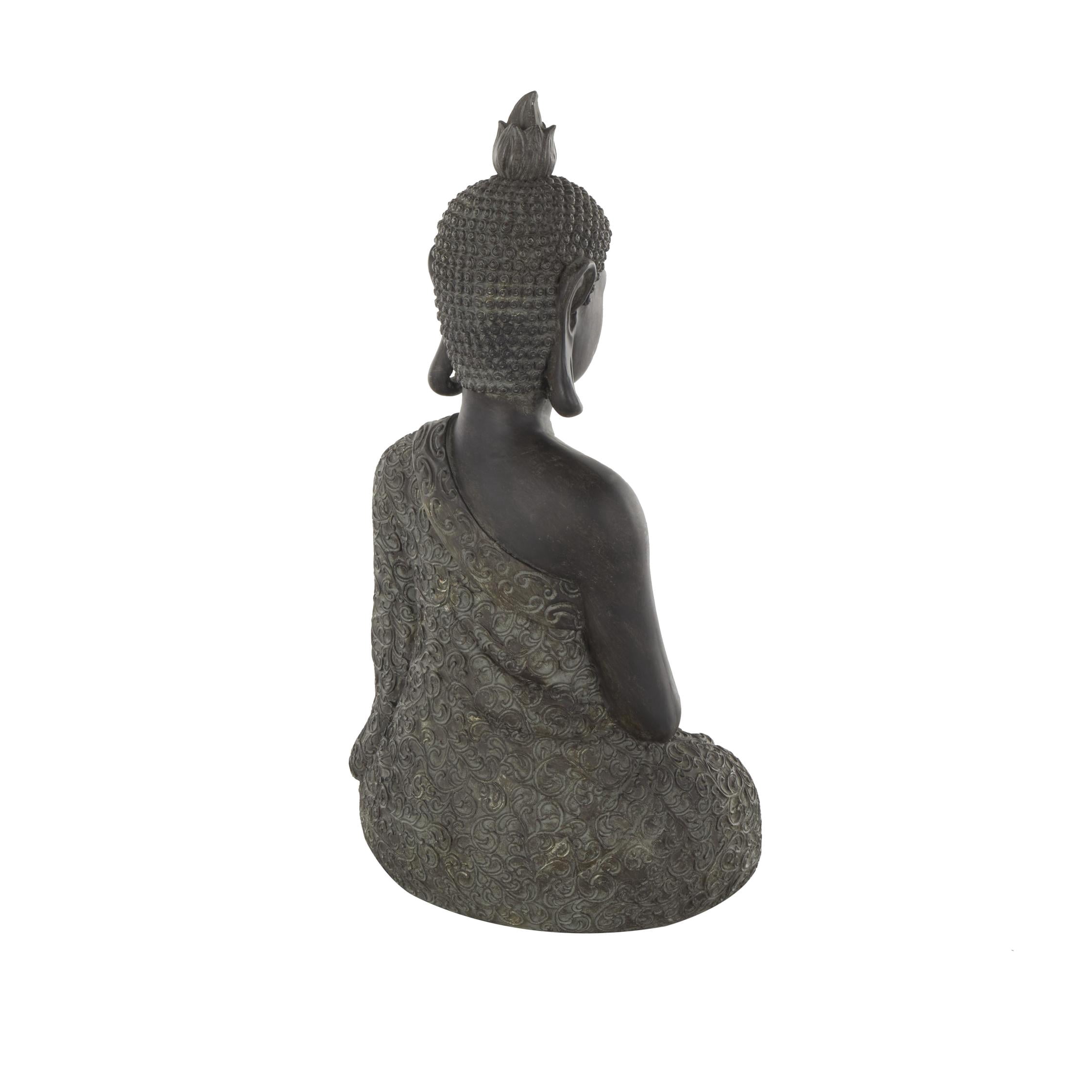 11" x 21" Brown Polystone Meditating Buddha Sculpture with Engraved Carvings and Relief Details, by DecMode