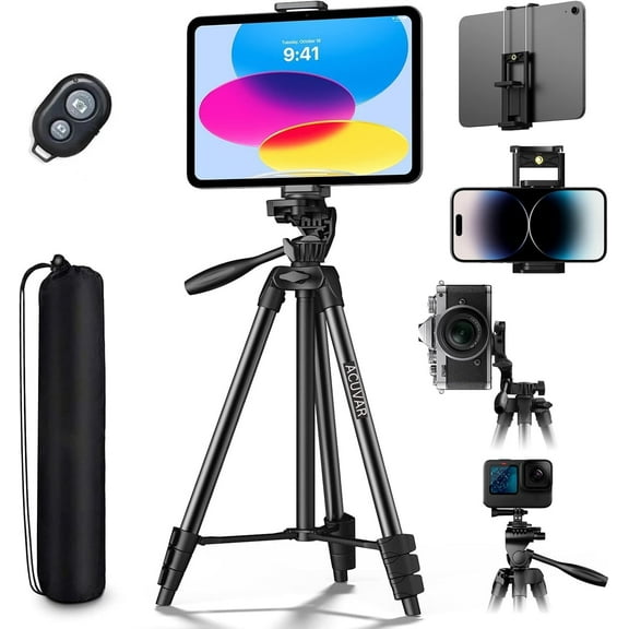 Acuvar 60" Camera Tripod for Canon Nikon, Lightweight Aluminum DSLR Camera Stand Holder with Carrying Bag, Universal Phone Tablet Mount and Wireless Remote, Max Load 6.61 lbs, Black